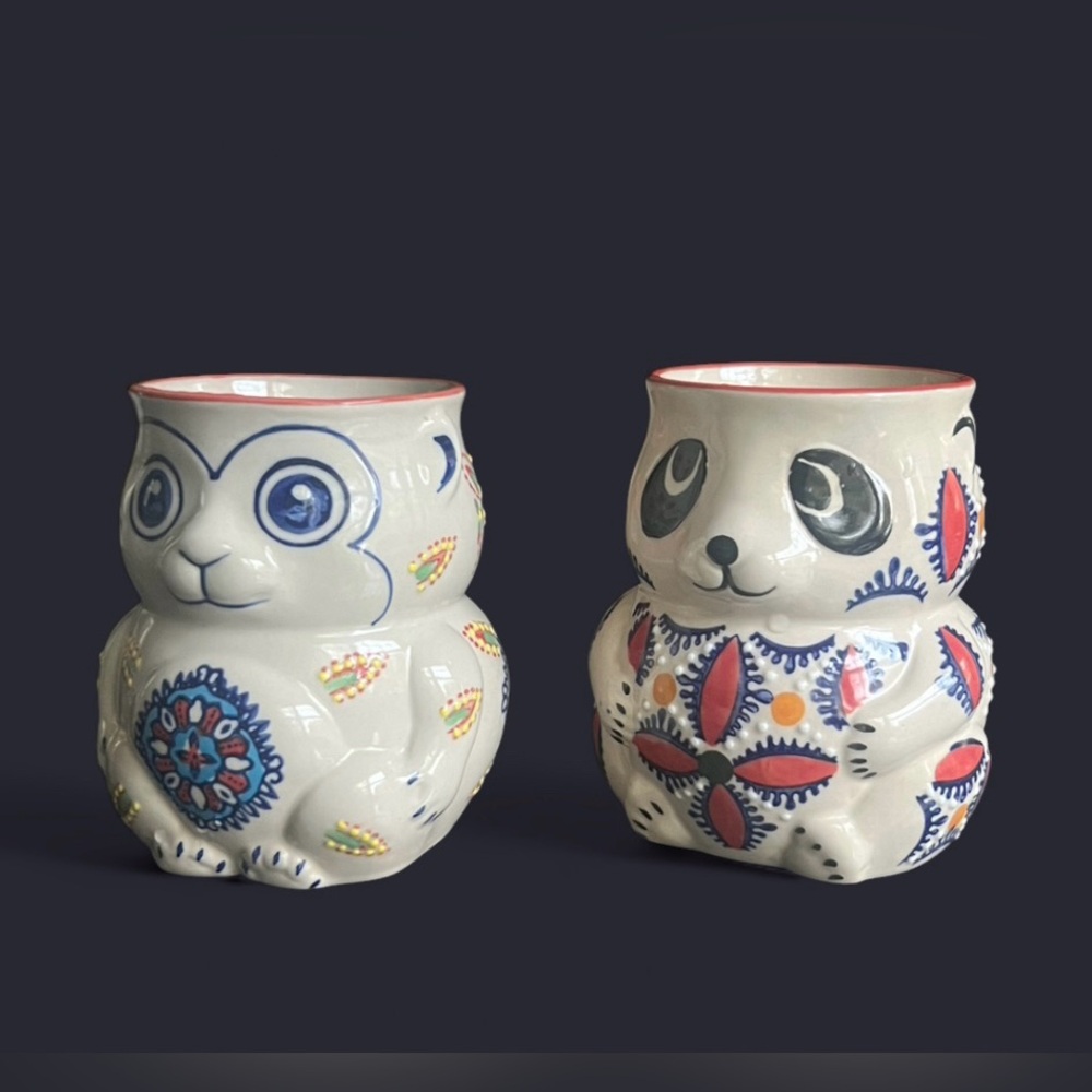 Yokohama Studios Panda and Monkey Mug hand painted embossed 3-D Design